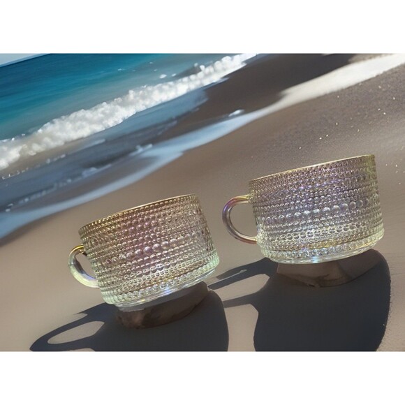 2 Iridescent Style Glass Coffee Mugs Set Of Cups Hobnail Style Gold Trim Cups - Picture 1 of 16